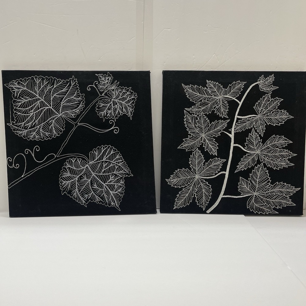 Black Canvas Wall Art Silver Leaf Embroidery Square 16x16" Set Of 2